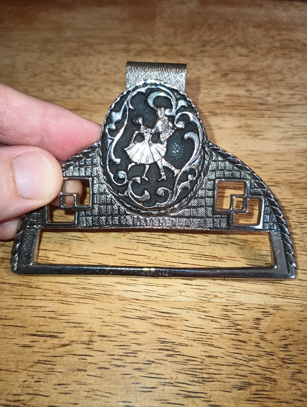 Vintage Square Dancing Bandana, Towel, Belt Holder. Silver Tone & Black